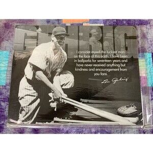 Vintage Replica Tin Metal Sign Lou Gehrig baseball player ball glove bat 1531